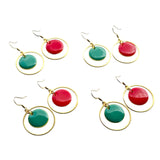 Ramona Mulvey Jewellery Mayo 2026 drop earrings featuring glossy red and emerald green discs in gold-tone hoops.
