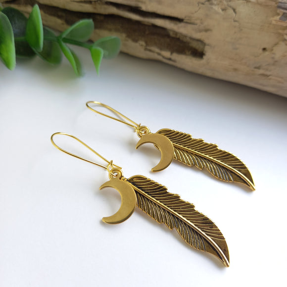 Feather and moon earrings